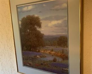  Royce Roberts "Blue Bonnet Creek" double matted light and dark blue in gold frame 22 x 26