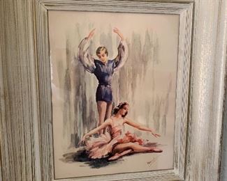 Vintage Mid Century Ballet Watercolor print by "MARCHANDE,"  measures approx 17 by 21"  