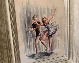 Vintage Mid Century Ballet Watercolor print by "MARCHANDE"  measures approx 17 by 21"  