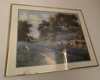 Porfirio Salinas print  "Blue Bonnet Trail" in gold frame with white matting 30 x 36