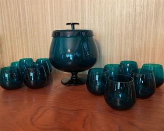 14pc set ultramarine footed ice bucket with 12 rocks glasses