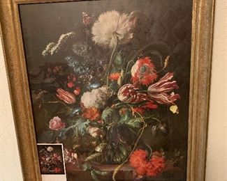 Framed antique floral print" Vase of Flowers" by Jan Davidsz De Heem  in 21 x 26 frame