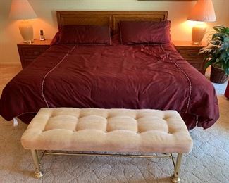 King size Broyhill bed complete with bedding, MCM Hollywood Regency bench seat by Dresher Mfg Co with tufted oyster fabric and brass base 4' length and 18" height