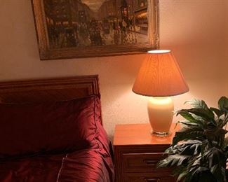 Broyhill nightstands, Mercury touch lamp, oil painting Parisian street scene , ficus 
