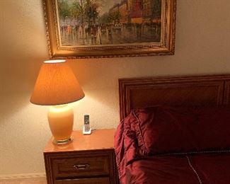 Broyhill nightstands, Mercury touch lamp, oil painting Parisian street scene 