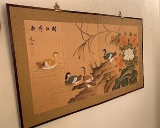 Vintage Chinese 4 panel Folding Screen / Wall Hanging Measures 3' x 5'