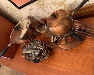 Mid Century copper Metawa Holland Fondue Set, brass, Chafing set vintage brass and copper escargot pans with accessories
