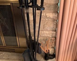 Vintage Cast Iron Fireplace Tools with Added Tongs and metal match holder & striker (boot)