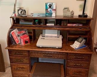 Roll Top Desk with portable desk and drafting lamps,  Logic Tech QuickCam, Sears Slide Viewer, Canon PowerShot SD750 , Pelouze Z5 scale, Mutual Punch 50, Smith Corona 350DLE, miscellaneous office,  bench shown sold separately
