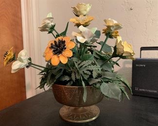 Napco ware porcelain flowers in Hollywood Regency brass planter
