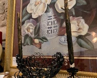Classic Barbara SHIPMAN Magnolia print measurers 32 x 36 in heavy gold frame,  3 pc .wrought iron basket and matching candlestick,  made in Spain (sold as set)