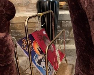 1980's brass magazine stand with vintage Austin restaurant guides, sold separately, tall metal vase with reeds