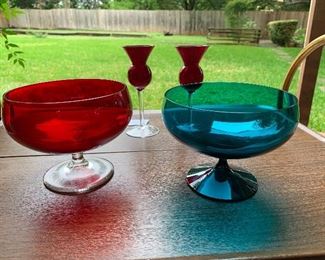 AQUA FOOTED BOWL, RUBY FOOTED BOWL, ruby candleholders