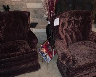 Two vintage tufted back swivel rockers in crushed brown velvet, excellent