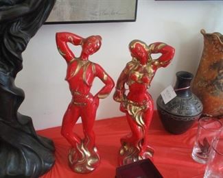 Pair tall Art Deco Glazed figures