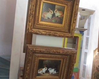 Pair BUNNIES paintings in gilt wood frames