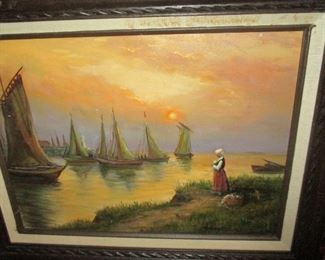 Dutch boats at   sunset, signed