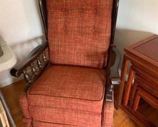 #19	70's Wood Recliner w/Orange/Tan Fabric	 $75.00 
