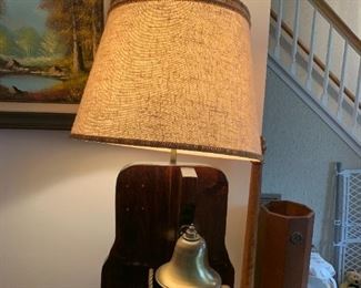#24	Pine Wood Base Lamp w/dinner Bell w/rope & Cleet  38" Tall	 $150.00 
