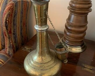 #35	Brass Oil Pitcher w/2chains with removable top   18"t	 $60.00 
