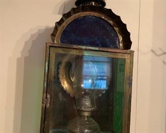 #39	Brass Wall Display Cabinet w/Lantern (has blue Glass on top & green glass sides)  12Wx7Dx22T	 $75.00 
