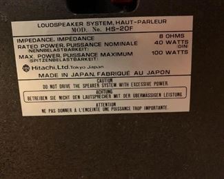 #95	(2) Hitachi Speakers Model HS-20F sold as a set	 $75.00 
