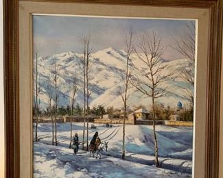 #100	Oil Painting "Arthur" Painting of Snow with People on Horse 35x35	 $100.00 
