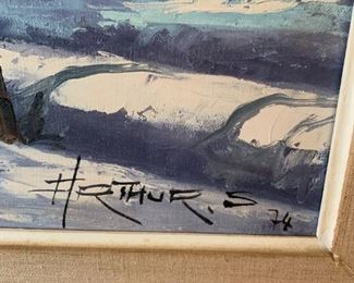 #100	Oil Painting "Arthur" Painting of Snow with People on Horse 35x35	 $100.00 
