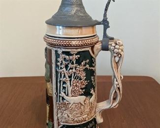 Beer Stein - porcelain with pewter top - made in Germany. "Den Jager Stets die pirsch erfreut".