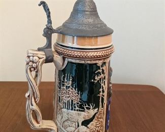 Beer Stein - porcelain with pewter top - made in Germany. "Seis auf der Hirsch sein auf die maid".