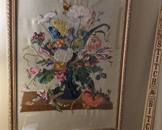 Framed crewel embroidery floral bouquet