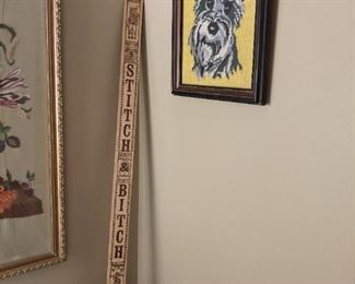 Stitch & Bitch yard stick.  Framed Terrier needlepoint.