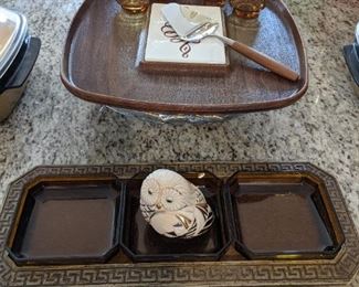 MCM kitchen and entertaining.  Greek key divided server, cheese and cracker server, Libby wheat juice glasses