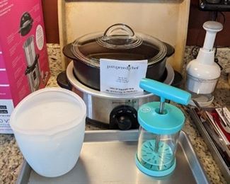 Pampered Chef items include Stone Bar Pan, Rockcrock 4 qt. Slow Cooker Set includes Dutch Oven, glass lid and Slow Cooker Stand, Medium Sheet Pans, Silicone Prep Bowl set with lids, Whipped Cream Maker, 5" Utility Knife and Food Chopper