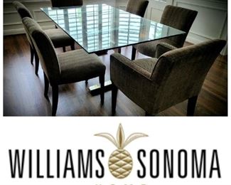 Glass dining table on chrome base with 6 custom-upholstered chairs from WILLIAMS SONOMA HOME Collection. DELIVERY INCLUDED (Portland metro) with full price purchase! $895 or Bid # 17