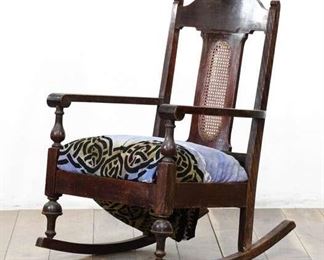 Vintage Solid Wood Rocking Chair Wicker Back Panel With Loose Seat Cover