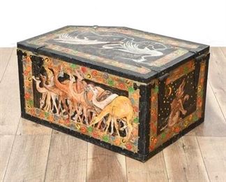 Folk Art Hand-Painted 5-Sided Trunk With Camels, Bear, Reindeer, & Myth Figures
