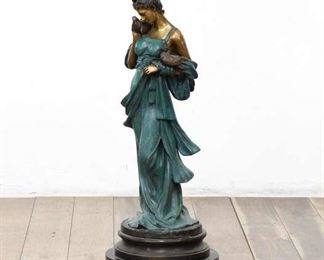 "Beauty With Birds" Woman Bronze Statue After E. Tassel