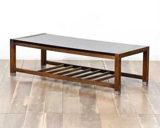 Craftsman-Like Black & Woodgrain Coffee Table On Rolling Casters