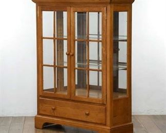 Modern Woodgrain Lighted China Curio Display Cabinet With Glass Shelves, 1 Drawer