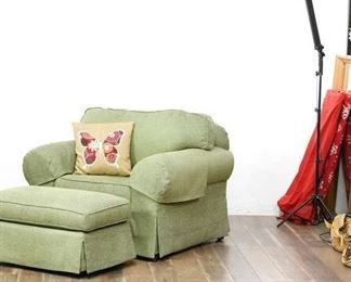 Modern Ethan Allen Green Whipcord Armchair & Matching Ottoman