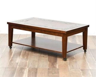 Unique Inlaid Slate Stone Rolling Coffee Table