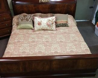 King Size Mahogany Sleigh Bed with Brass Accents