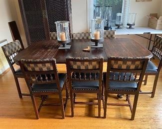  Lovely antique dining table and 8 chairs  $460. leather is black not green as this photo makes them appear.  table is 40” w x 30” h x86”l  as shown with two of the three leaves   Lovely antique dining table and 8 chairs $460. leather is black not green as this photo makes them appear. table is 40” w x 30” h x86”l q’as shown with two of the three leaves
Buytable top close uptable top close up
Buydetail of basedetail of base
Buyclose up of the chairsclose up of the chairs
BuyKelly Wearstler sconces 300Kelly Wearstler sconces 300
BuyA beautiful rug .  rench Aubusson that measures 11' 8" x 18'.  Can be cut to a smaller size by Pande Cameron.  Hand knotted  3000 or best offer A beautiful rug . rench Aubusson that measures 11' 8" x 18'. Can be cut to a smaller size by Pande Cameron. Hand knotted 3000 or best offer
BuyEthan Allen pedestal base round table with six custom upholstered chairs. Table is 60" diameter X 30"h. Originally $5000. $800Ethan Allen pedestal base round table with six cus