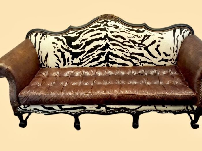 Faux zebra skin and leather sofa