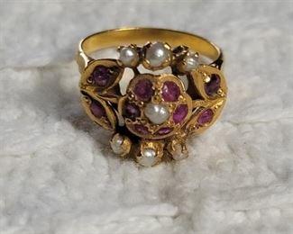 5. Yellow Gold, Ruby, Pearl Flower Shaped Ring Sz 5 TW 4.4g $175