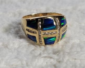 35. 14K Yellow Gold, Diamonds, Blue Opal Inlay Band Ring Sz 8.25 TW 7.2g $450