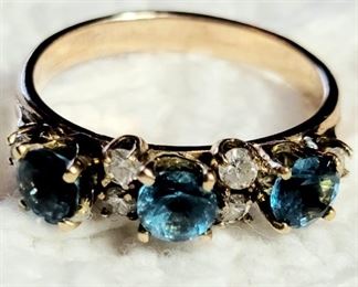 81. 14K Yellow Gold Diamond & Blue topaz Stones Ring sz 7.25 TW 3.9g $145