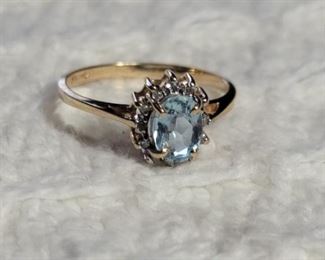 72. 14K Yellow Gold Aquamarine Diamonds Ring sz 6.5 TW 1.9g $120