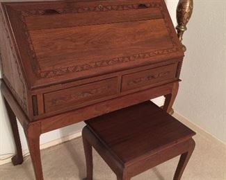 Hand carved teakwood secretary’s desk and chair